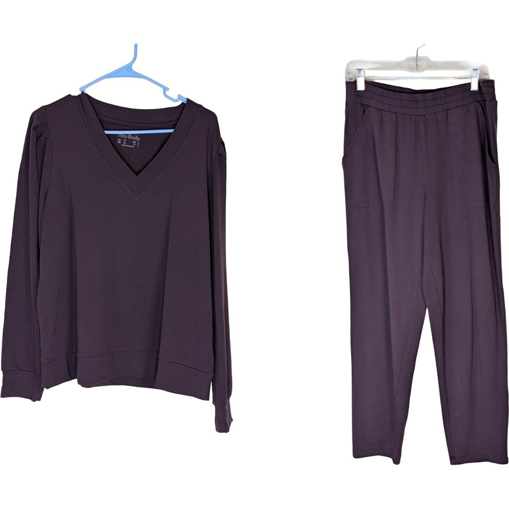 AnyBody Lounge Set Womens Medium Purple French Terry V-Neck Top Pants A702390